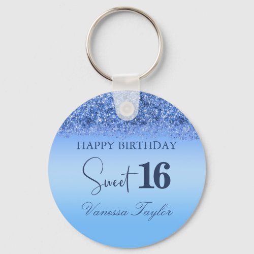 Girly Blue Faux Glitter Sparkly Sweet 16 Birthday Keychain