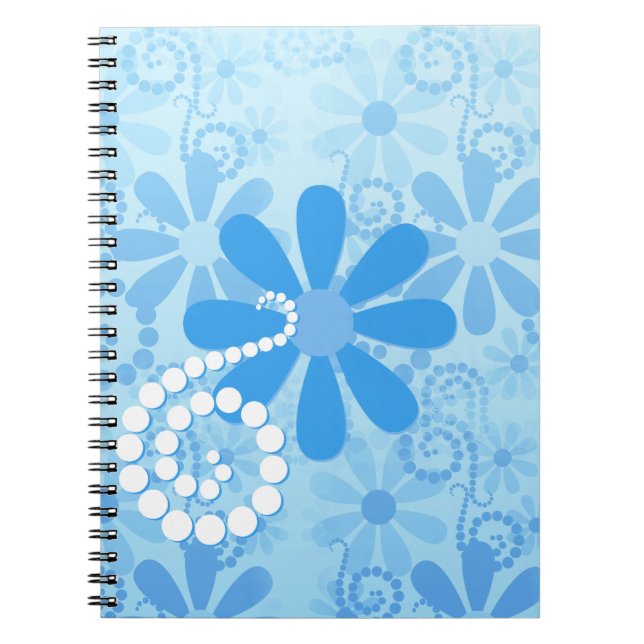 Girly Blue Floral Retro Flowers Notebook (Front)
