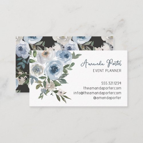 Girly Blue Floral Watercolor Business Card