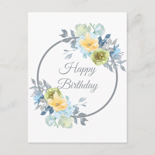 Girly Blue Floral Wreath Birthday  Postcard (Front)
