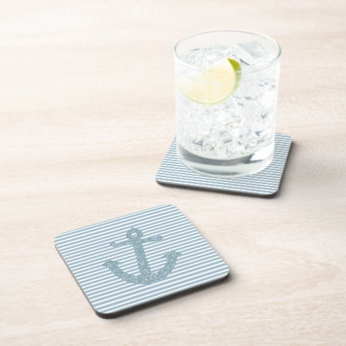 Girly Blue Glitter Anchor Beverage Coaster