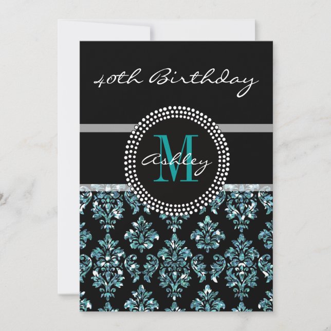 Girly Blue Glitter Black Damask 40th Birthday Invitation (Front)