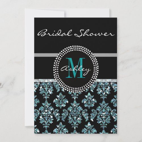 Girly Blue Glitter Black Damask Bridal Shower Invitation
