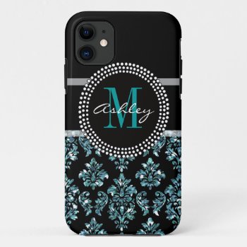 Girly Blue Glitter Black Damask Personalized Iphone 11 Case by DamaskGallery at Zazzle