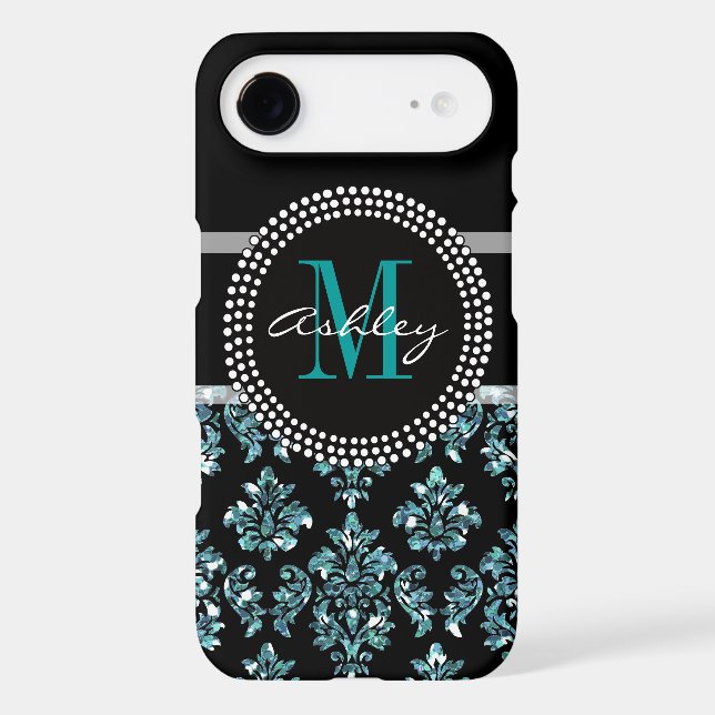 Girly Blue Glitter Black Damask Personalized Case-Mate iPhone Case (Back)