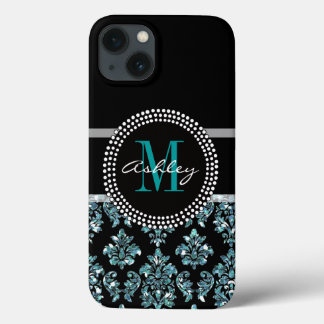 Girly Blue Glitter Black Damask Personalized iPhone 13 Case