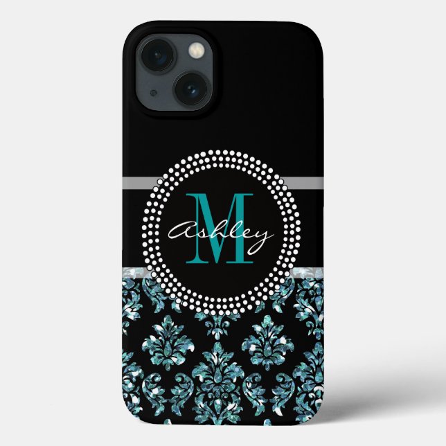 Girly Blue Glitter Black Damask Personalized Case-Mate iPhone Case (Back)
