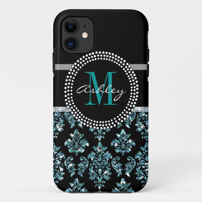 Girly Blue Glitter Black Damask Personalized Case-Mate iPhone Case (Back)