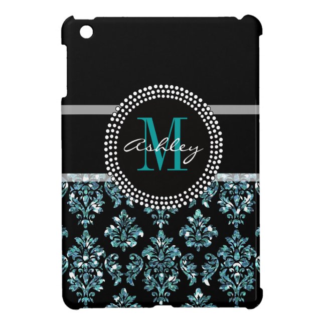 Girly Blue Glitter Black Damask Personalized iPad Mini Case (Back)