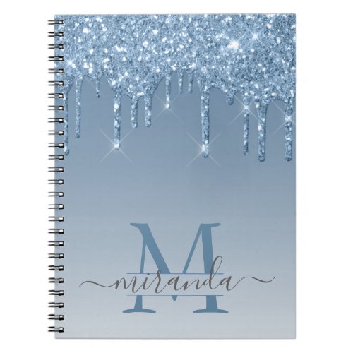 Girly Blue Glitter Drips Ombre Monogram Notebook