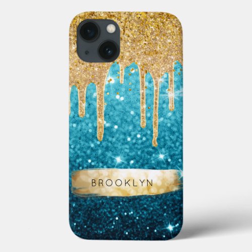Girly Blue Glitter Gold Drips Sparkle Glam Stars iPhone 13 Case