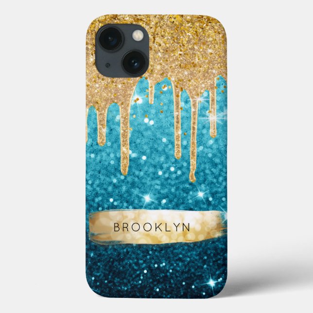 Girly Blue Glitter Gold Drips Sparkle Glam Stars Case-Mate iPhone Case (Back)