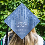 Girly Blue Glitter Personalized Graduation Cap Top<br><div class="desc">Girly personalized grad cap topper with faux blue glitter drips against a blue faux metallic foil background. Customize with your class year,  name and school in modern white typography and script.</div>