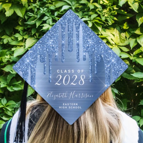 Girly Blue Glitter Personalized Graduation Cap Top