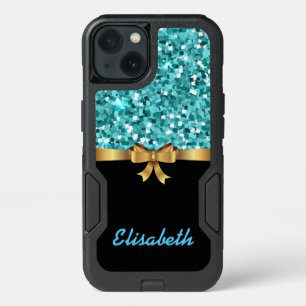 GIRLY BLUE glitter printed black GOLD BOW monogram iPhone 13 Case