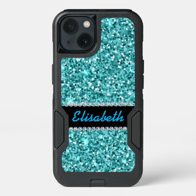 GIRLY BLUE glitter printed Diamonds monogram Otterbox iPhone Case (Back)