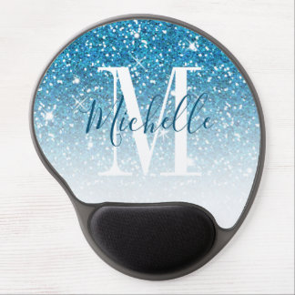 Girly Blue Glitter Sparkle Monogram Script Name Gel Mouse Pad