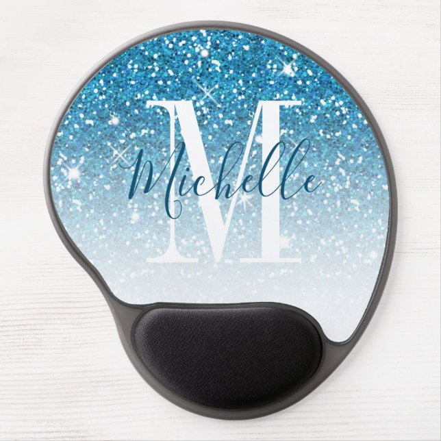 Girly Blue Glitter Sparkle Monogram Script Name Gel Mouse Pad (Front)