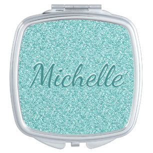Girly Blue Glitter Sparkle Monogrammed Name Compact Mirror