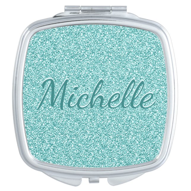 Girly Blue Glitter Sparkle Monogrammed Name Compact Mirror (Front)