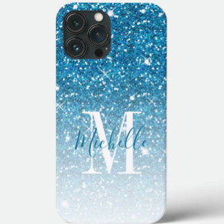 Girly Blue Glitter Sparkles Monogram Script Name iPhone XR Case