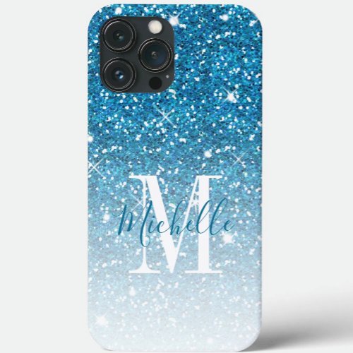 Girly Blue Glitter Sparkles Monogram Script Name iPhone XR Case