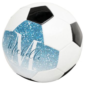 Girly Blue Glitter Sparkles Monogram Script Name Soccer Ball by monogramgallery at Zazzle
