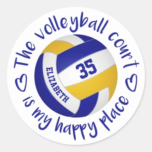 girly blue gold volleyball court my happy place classic round sticker