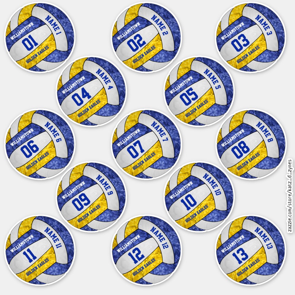 girly blue gold volleyball player names set of 13 stickers