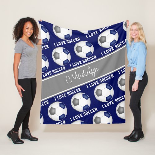 girly blue gray I love soccer text pattern Fleece Blanket