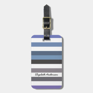 Girly Blue Gray Wide Horizontal Stripes With Name Luggage Tag