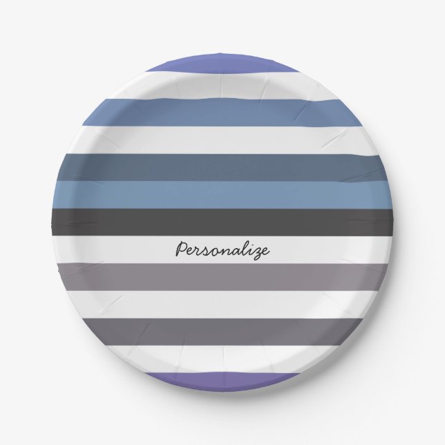 Girly Blue Gray Wide Horizontal Stripes With Name Paper Plates (Front)