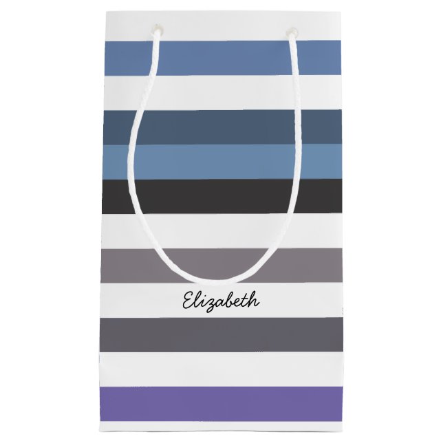 Girly Blue Gray Wide Horizontal Stripes With Name Small Gift Bag (Front)