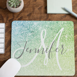 Girly Blue Green Glitter Sparkles Monogram Name Mouse Pad