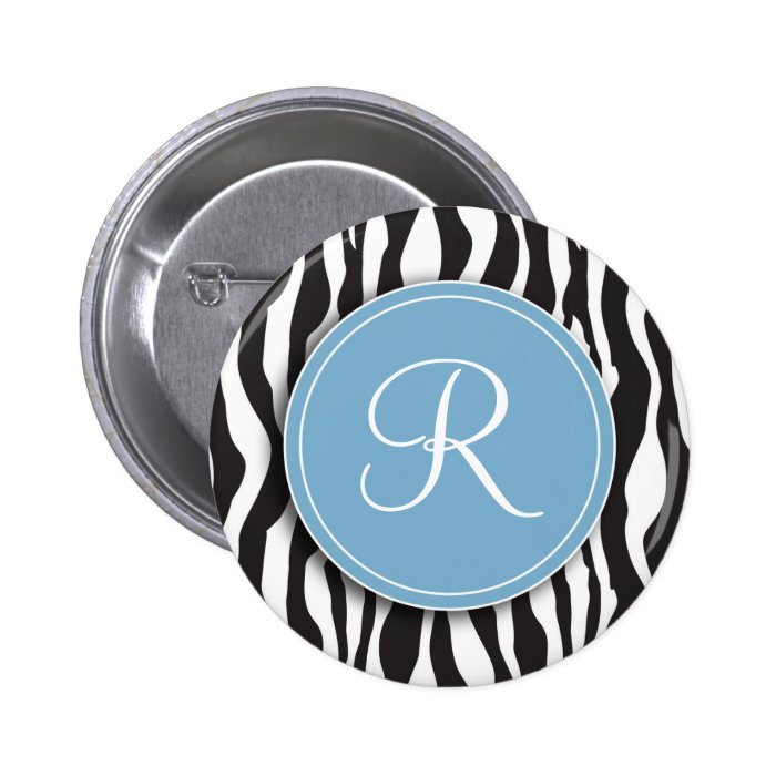 Girly Blue Monogram Zebra Print Button