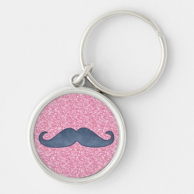 GIRLY BLUE MUSTACHE PINK GLITTER PHOTO KEYCHAIN (Front)