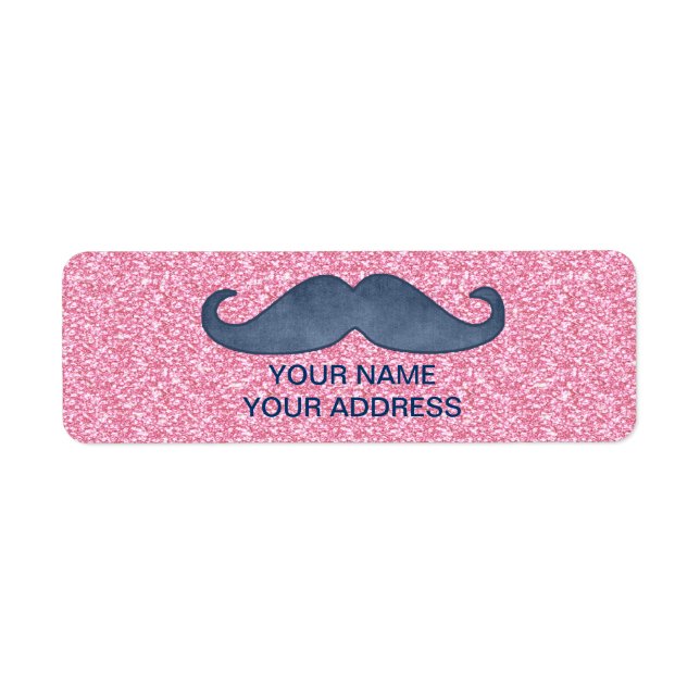 GIRLY BLUE MUSTACHE PINK GLITTER PHOTO LABEL (Front)