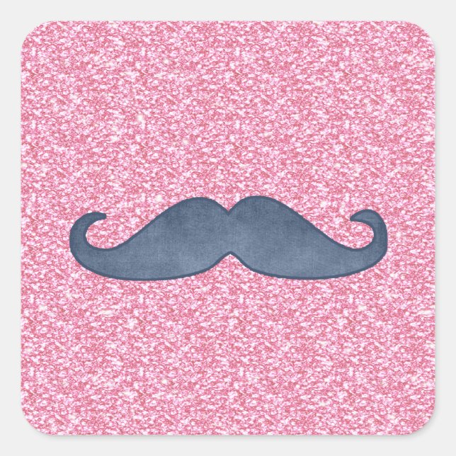 GIRLY BLUE MUSTACHE PINK GLITTER PHOTO SQUARE STICKER (Front)