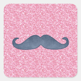 GIRLY BLUE MUSTACHE PINK GLITTER PHOTO SQUARE STICKER