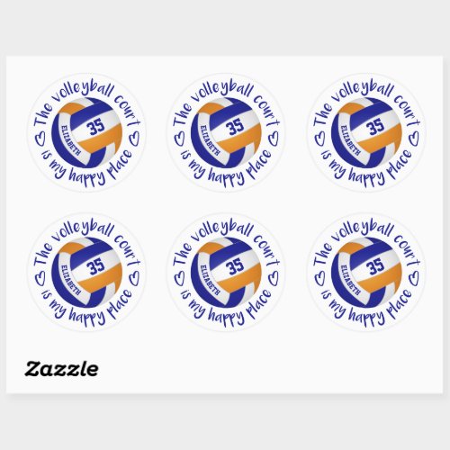 girly blue orange volleyball court my happy place classic round sticker