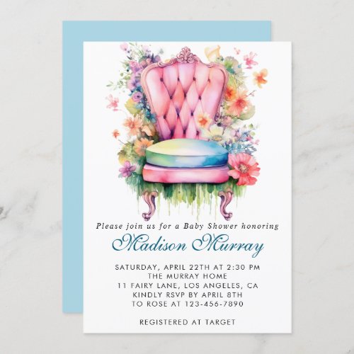 Girly Blue  Pink Floral Flower Chair Baby Shower Invitation