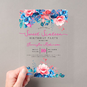 Girly Blue Pink Floral Sweet 16 Birthday Party Acrylic Invitations