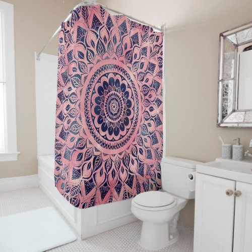 Girly Blue Pink Mandala Floral Shower Curtain