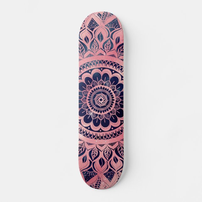Girly Blue Pink Mandala Floral Skateboard (Front)