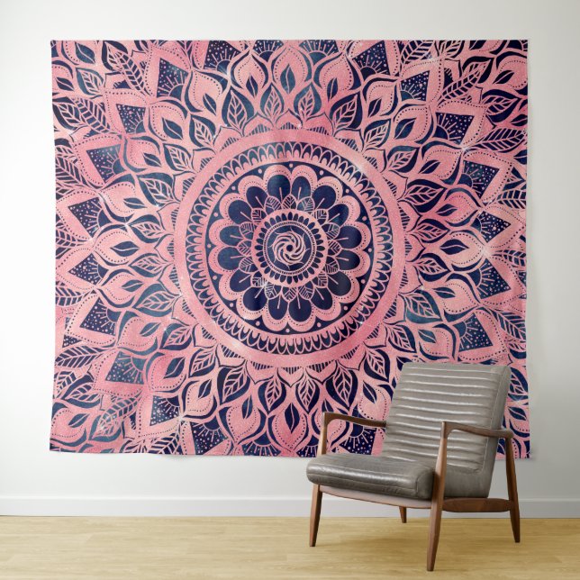 Girly Blue Pink Mandala Floral Tapestry (In Situ (Horizontal))