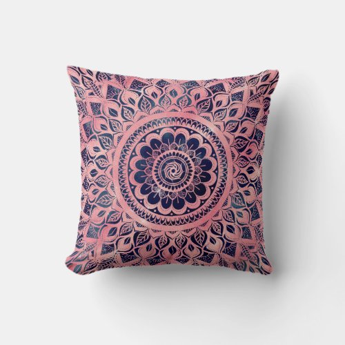 Girly Blue Pink Mandala Floral Throw Pillow