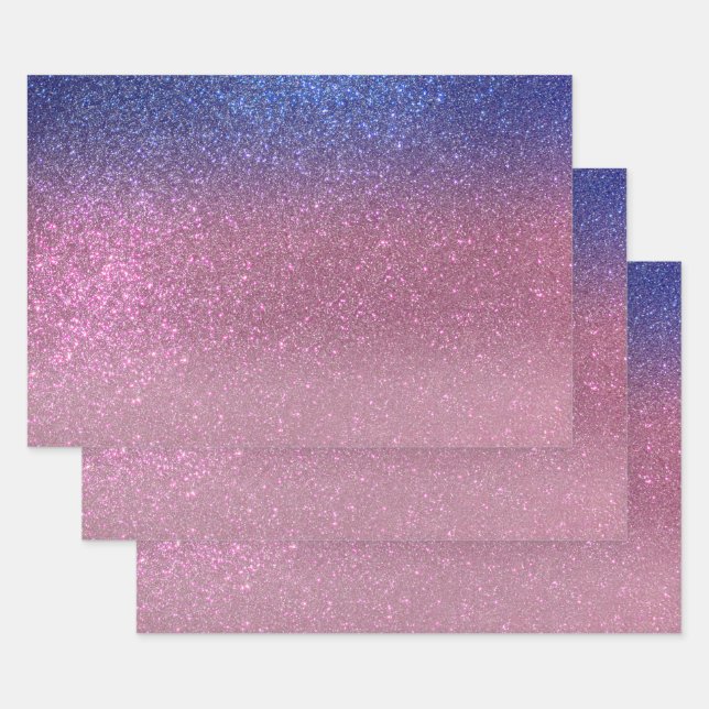 Girly Blue Pink Sparkly Glitter Ombre Gradient Wrapping Paper Sheets (Set)
