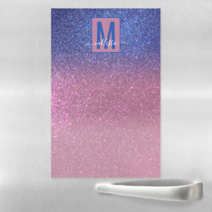 Girly Blue Pink Sparkly Glitter Ombre Monogram Magnetic Dry Erase Sheet