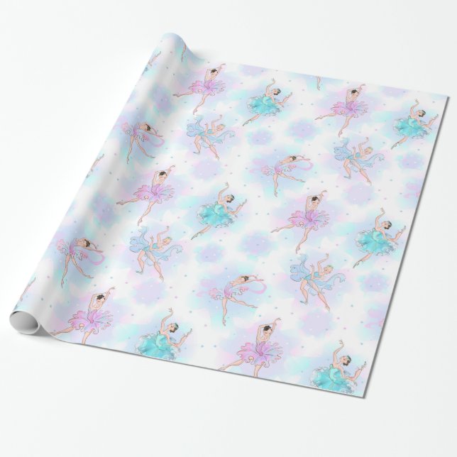 Girly Blue & Pink Tutu Ballerinas And Background Wrapping Paper (Unrolled)