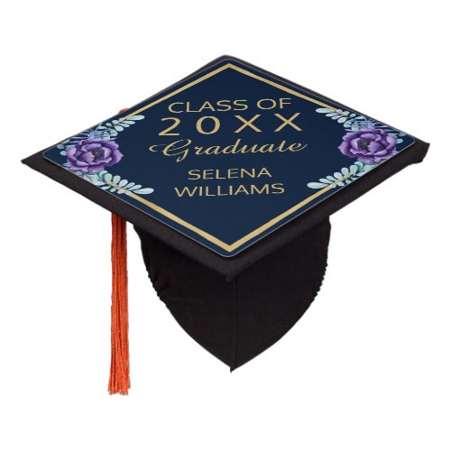 Girly Blue Purple Floral CLASS OF 2024 Graduate Graduation Cap Topper